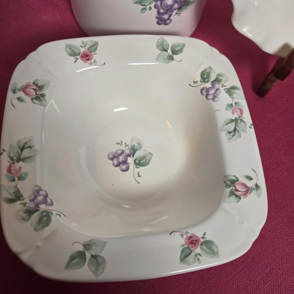 Vintage Pfaltzgraff Grapevine Embossed  Utensil Holder, Relish Dish, Square Bowl